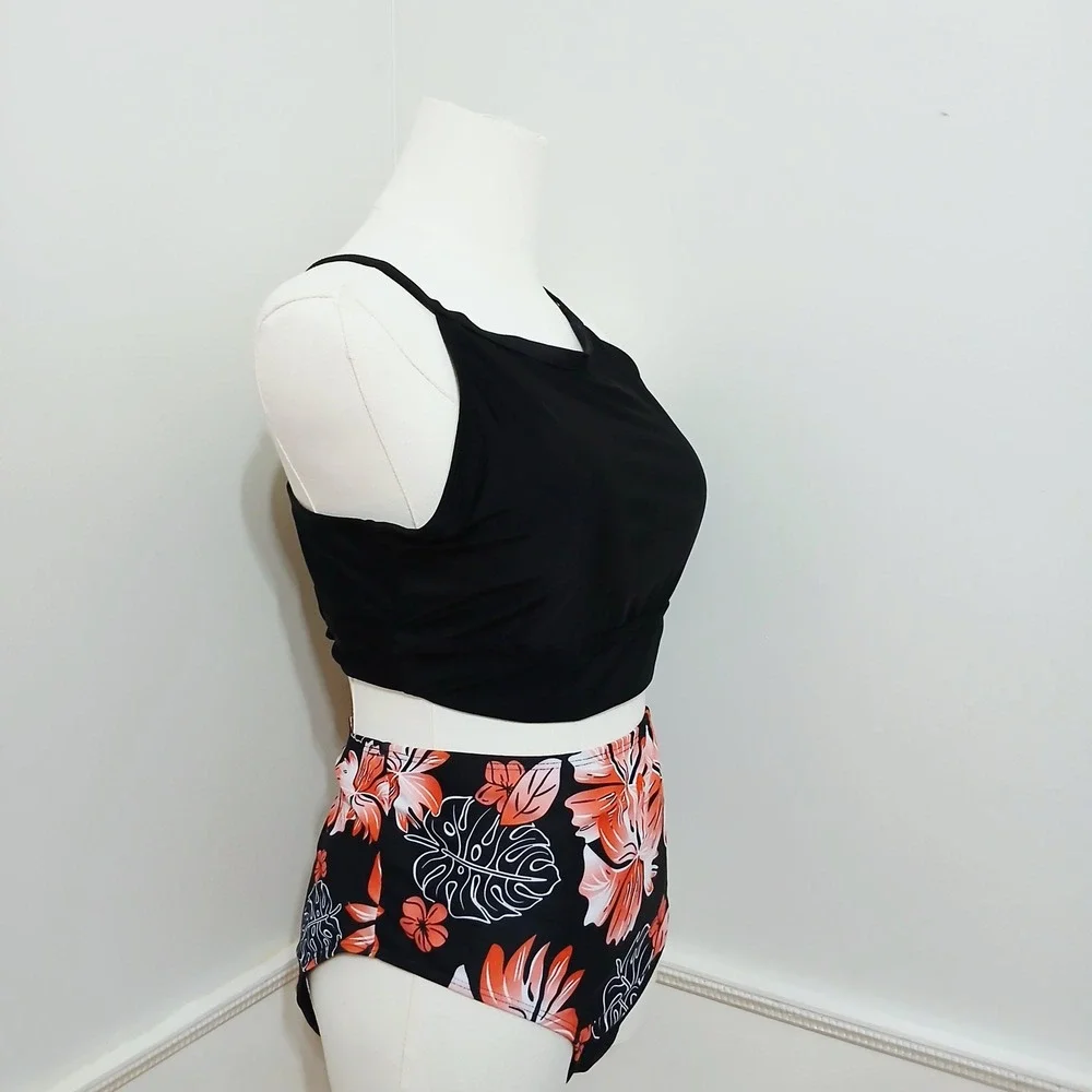 Women Black Tropical‎ Floral High Neck High Waisted Bikini Set Size L